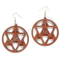 Vysiace drevené kruhové náušnice geometrické - Infinity Triangle veľké, hnedé