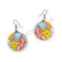 Vysiace drevené kruhové náušnice kvetinové - Hippie Blossom 10