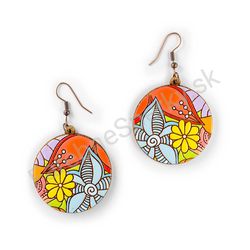 Vysiace drevené kruhové náušnice kvetinové - Hippie Blossom 11