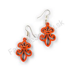 Drevené visiace čipkované náušnice - Fleur De Lis (nepravidelné), červené