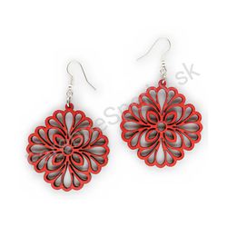 Drevené visiace čipkované náušnice - Floral Touch (kosoštvorcové), červené 2