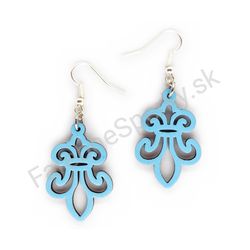 Drevené visiace čipkované náušnice - Fleur De Lis (nepravidelné), tyrkysové