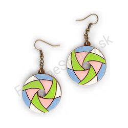 Drevené visiace geometrické náušnice - Hexa Spin (kruhové), pestrofarebné 11