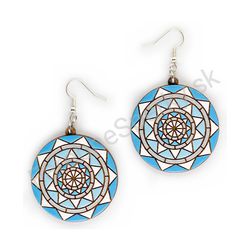 Drevené handmade mandala náušnice - Triangular Radiance (modré)