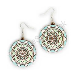 Drevené handmade mandala náušnice - Triangular Radiance (tyrkysové)