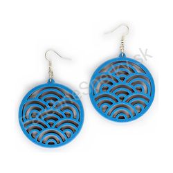 Drevené handmade geometrické náušnice - Flowing Arcs (modré, veľké)