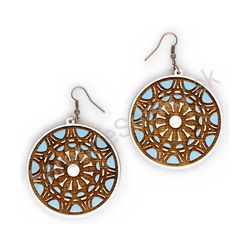 Drevené handmade mandala náušnice - Radiant Orbit (bielo modré)