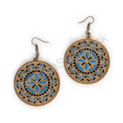 Drevené handmade mandala náušnice - Cosmic Target (modro čiene)
