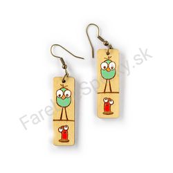 Drevené visiace funky náušnice - Bird and Worm Tall Duo (obdĺžnikové), pestrofarebné