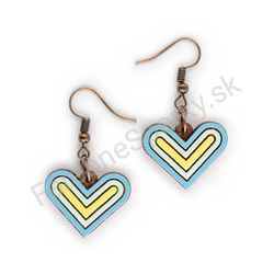 Drevené handmade srdiečkové náušnice - Geometric Love (modré)