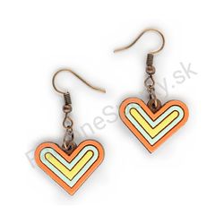 Drevené handmade srdiečkové náušnice - Geometric Love (oranžové)