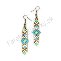 Drevené handmade geometrické náušnice - Arrowed Diamonds (zeleno modré)