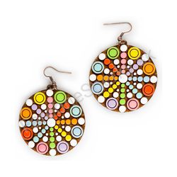 Drevené handmade mandala náušnice - Geometric Spin 2 (farebné, veľké)