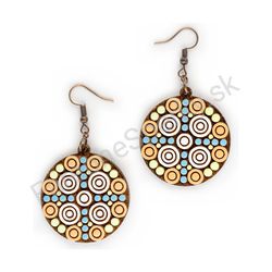 Drevené handmade mandala náušnice - Target Glow (modro oranžové, stredné)